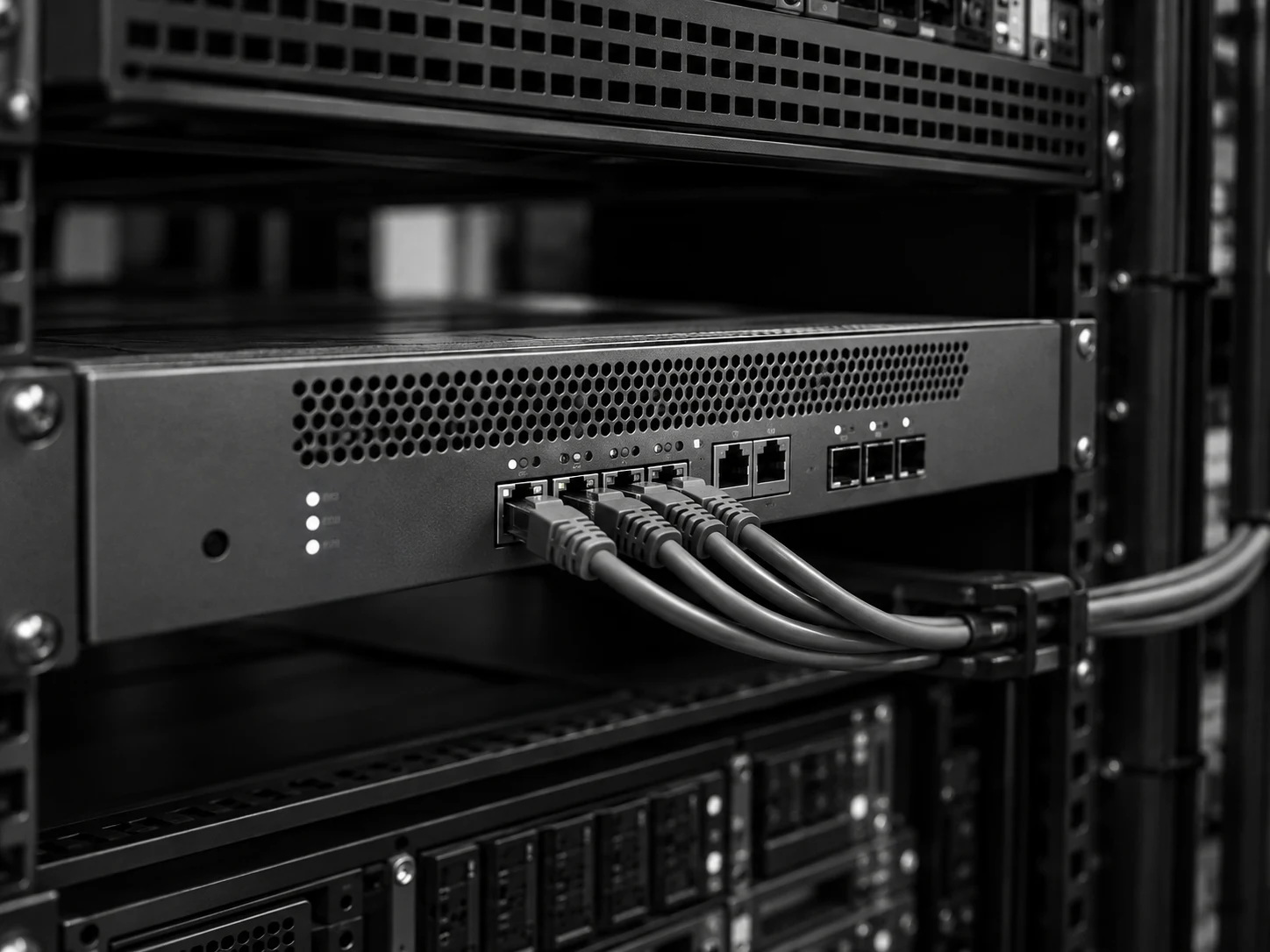 Imagen conceptual de un firewall con conexiones de red instalado en rack
